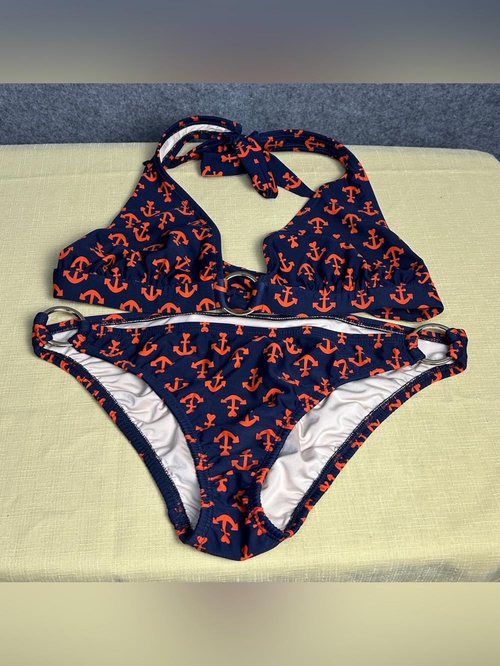 Shoshanna SZ M Navy Red Anchor Print Bikini Halter Gold Ring Nautical Swimsuit
